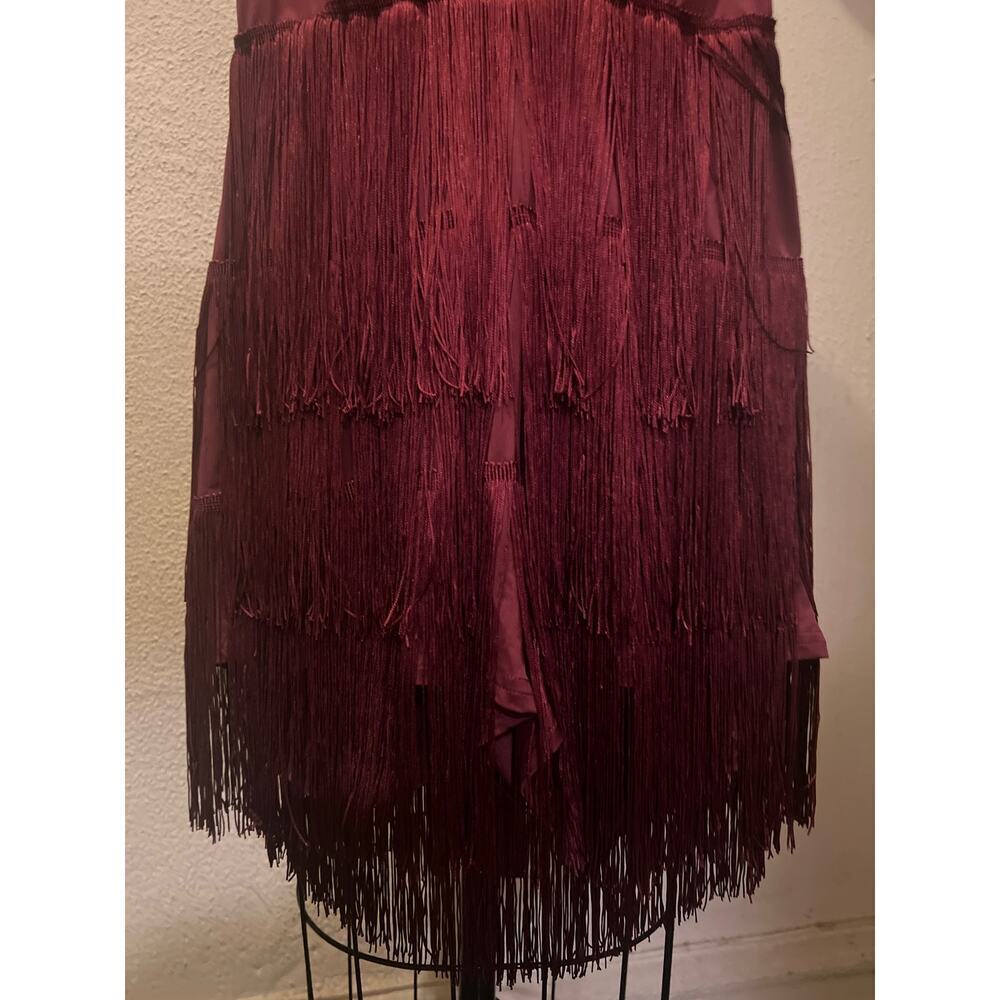 Deep V-Neck Cross Back Fringed Skirt Romper Jumpsuit Burgandy Size L - Picture 6 of 16